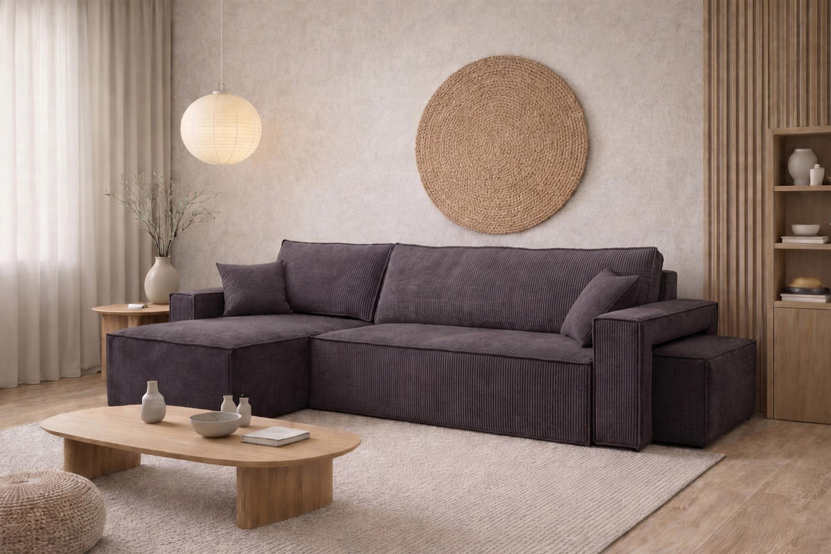 ECKSOFA Mit Schlaffunktion Und Pouf, Cordstoff Poso, Dunkelgrau, Links, Best L Mit Pouf - Dunkelgrau, Holz (244/145cm) - Kaiser Möbel