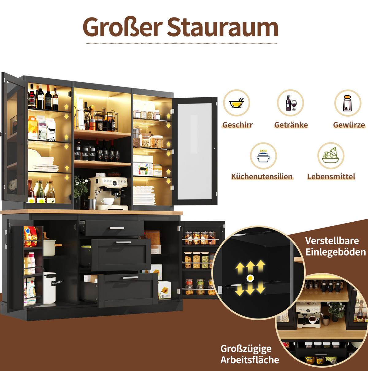 KÜCHENSCHRANK mit LED-Beleuchtung 140 x 40 x 185 cm MDF Schwarz - Schwarz, Holzwerkstoff (40/185/140cm) - Meubliv