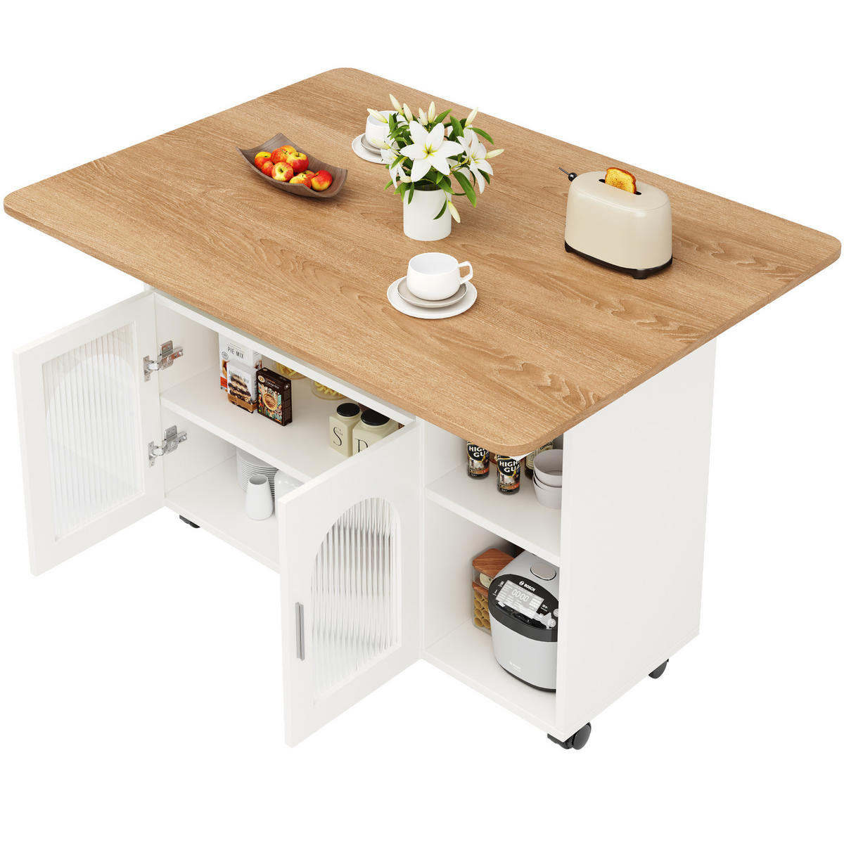 KÜCHENINSEL 120/30/79,5 cm aus MDF und Glas mit klappbarer Tischplatte Weiß - Weiß, Holzwerkstoff (120/79.5/70cm) - Modenvie