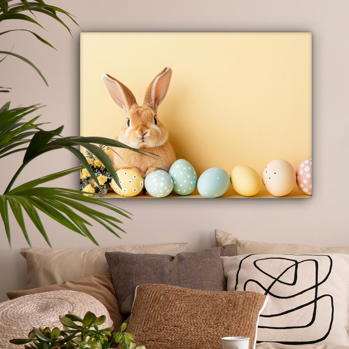 LEINWANDBILD Eier - Kaninchen - Pastellfarbtöne Wandbilder 80x60 cm - Hellgelb, Textil (80/60cm) - MuchoWow