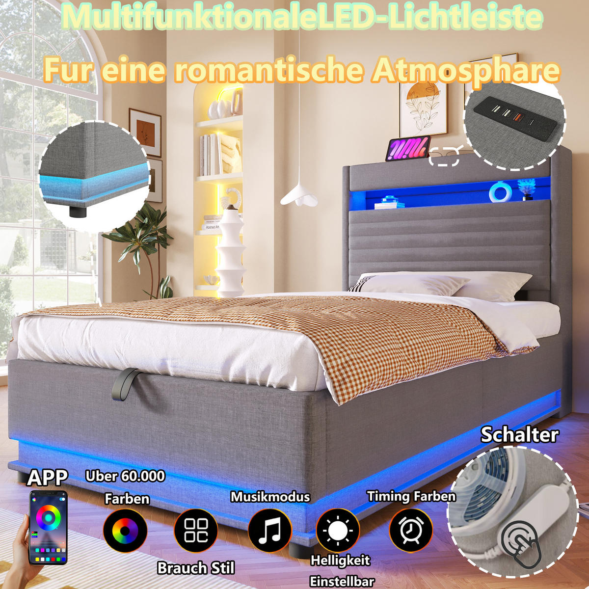 POLSTERBETT 140/200 cm in Grau Leinen mit LED, USB und Stauraum - Grau, Holzwerkstoff/Textil (140/200cm) - WISHDOR