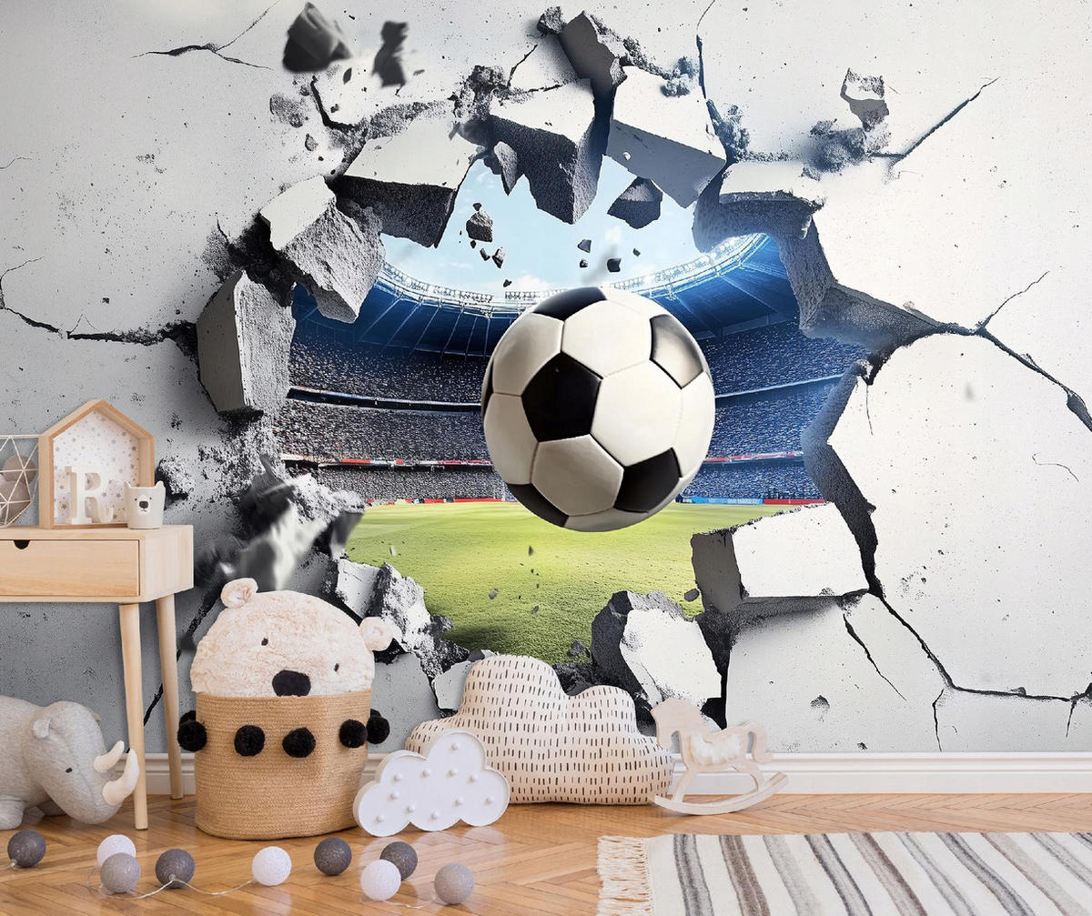 FOTOTAPETE Kinderzimmer Junge 3D Effekt Fußball 350x250 - Multicolor, Papier (350/250cm) - Wallarena