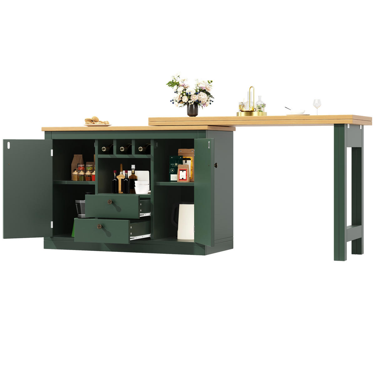 BARTISCH 120-180/40/76 cm aus MDF, ausziehbar, drehbar mit Stauraum, Antikgrün - Dunkelgrün, Holzwerkstoff (40/180/76cm) - Redom