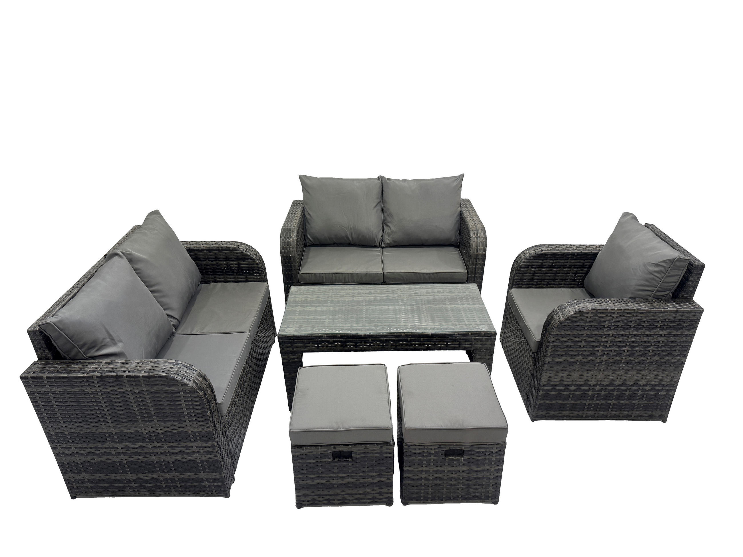 GARTENMÖBEL SET mit Sofa Polyrattan 7-Sitzer Dunkelgrau - Dunkelgrau/Grau, Glas/Kunststoff - Fimous