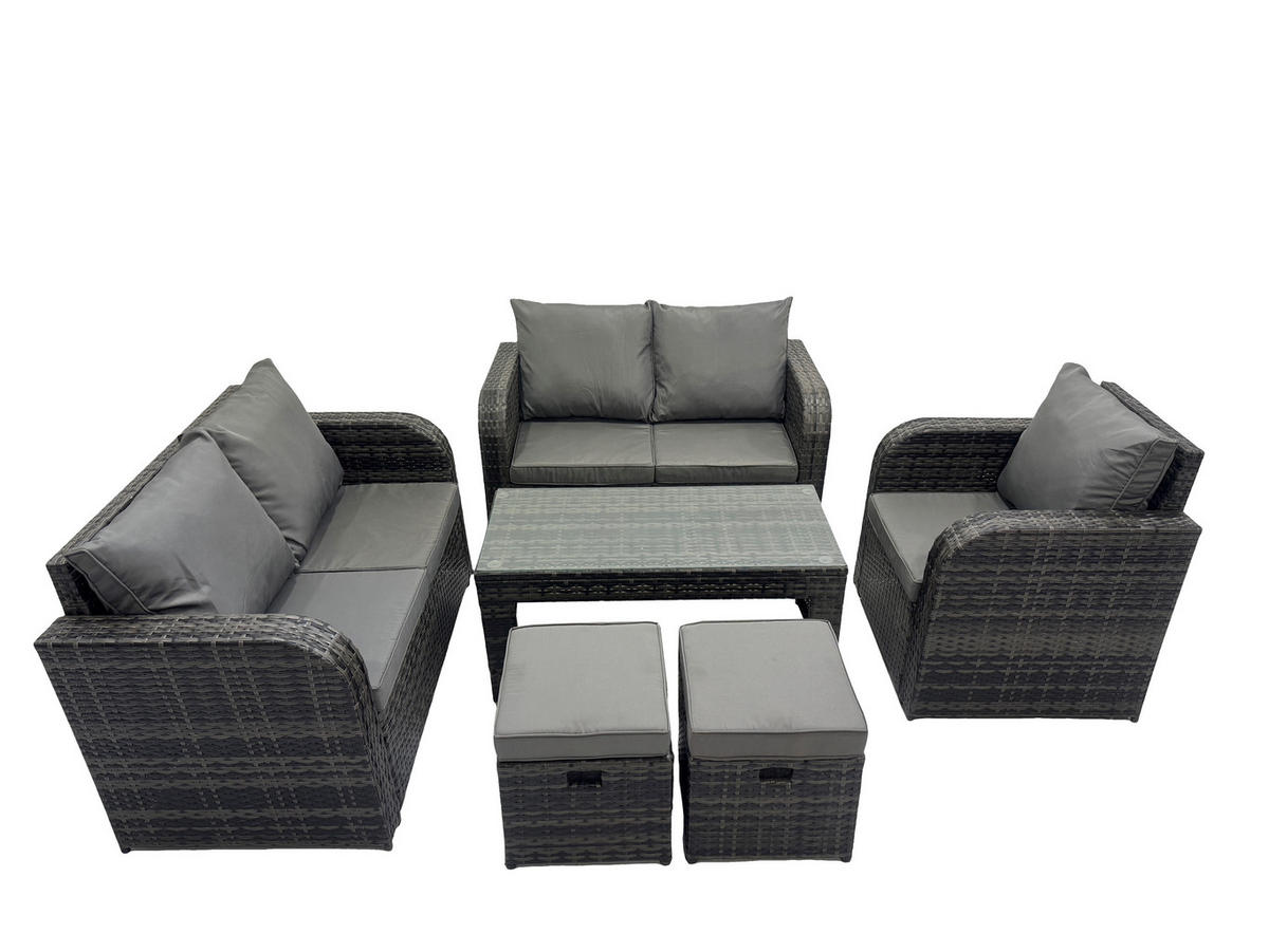 GARTENMÖBEL SET mit Sofa Polyrattan 7-Sitzer Dunkelgrau - Dunkelgrau/Grau, Glas/Kunststoff - Fimous