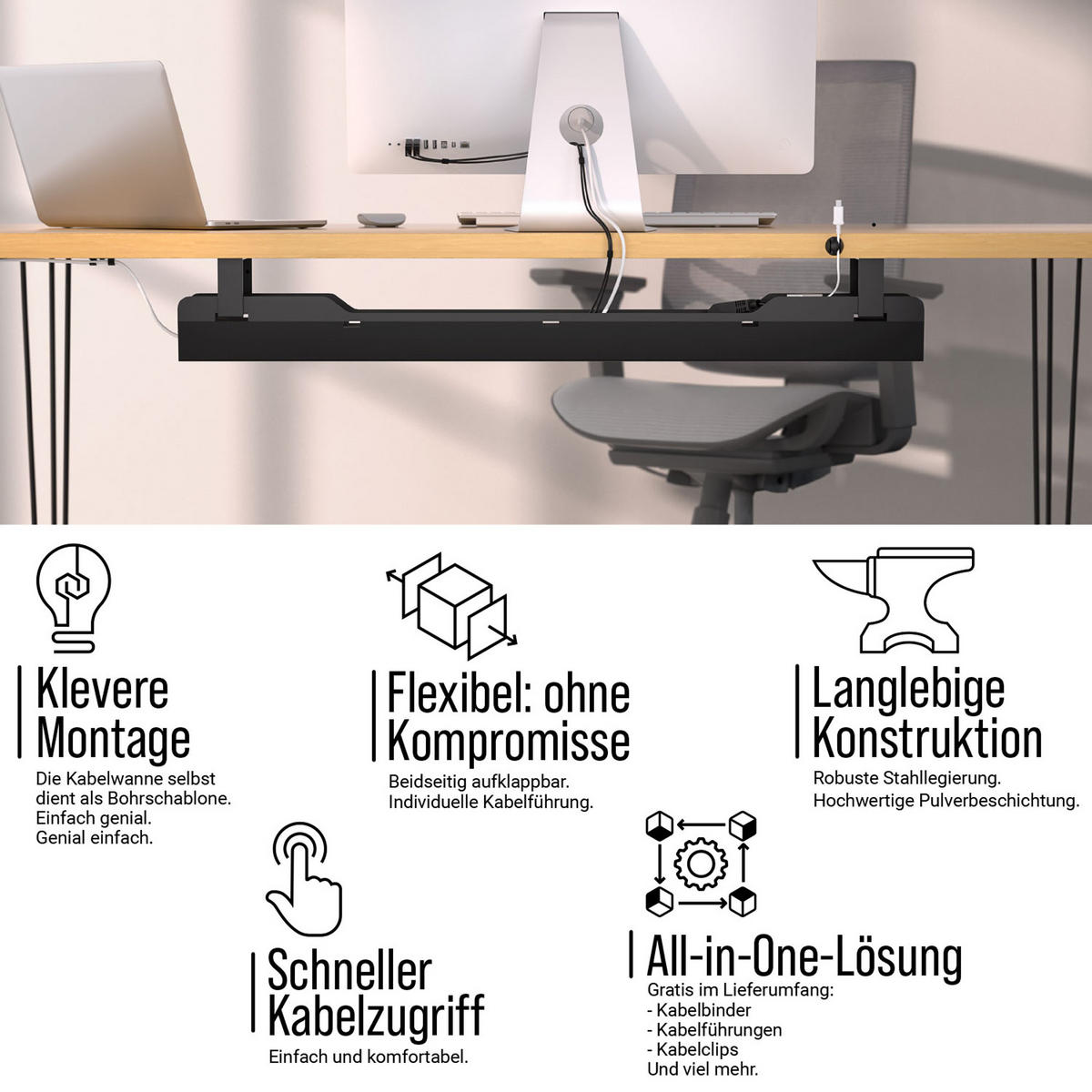 KABELWANNE Schreibtisch - Kabelmanagement, schwarz - Schwarz, Metall (90/10.8/13cm) - Ultimate Setup
