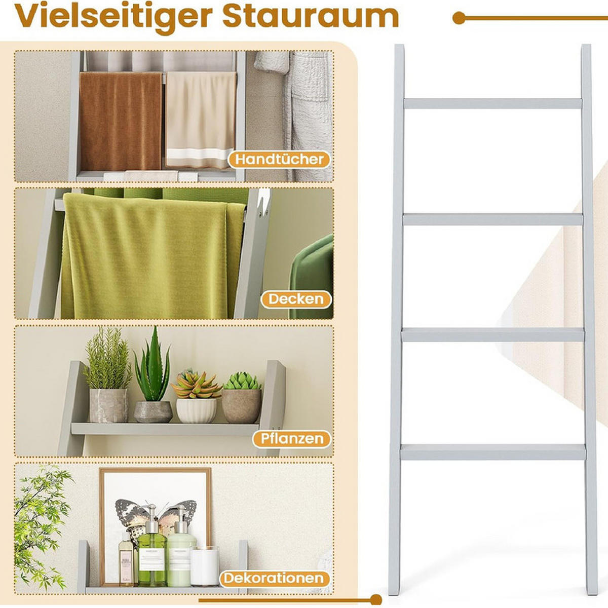 HANDTUCHLEITER mit oberer Halterung grau - Grau, Holz (50/137/7.5cm) - COSTWAY