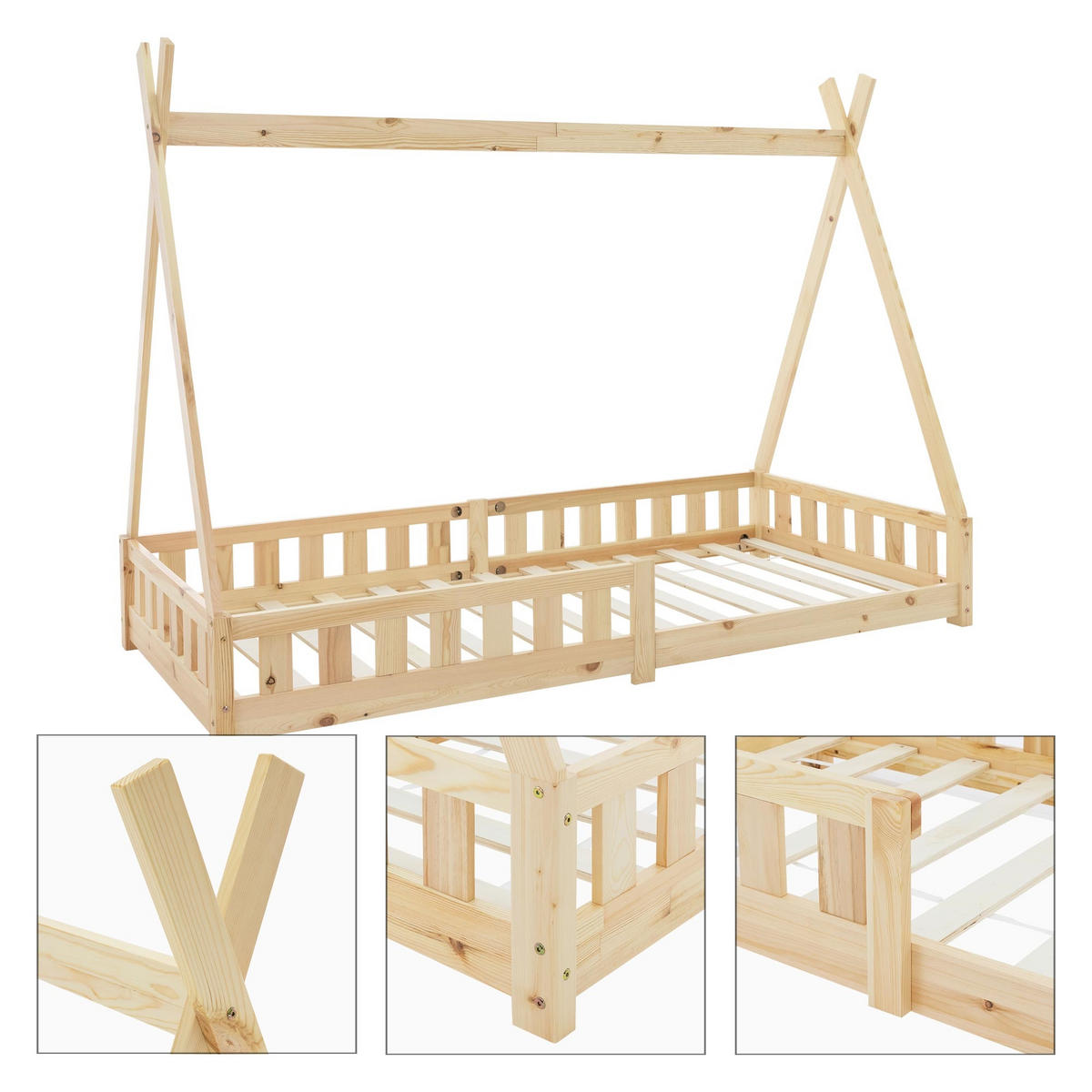 KINDERBETT Tipi mit Matratze 90x200 cm Natur - Naturfarben, Holz (90/200cm) - ML-DESIGN