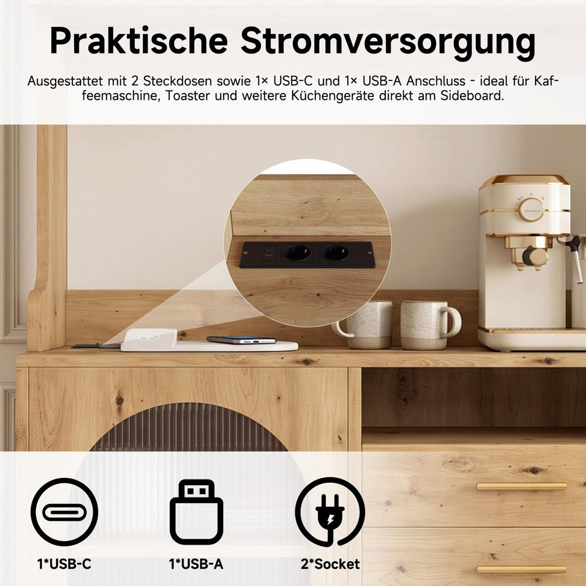 BUFFETSCHRANK 100,5x40x178 cm, 2 Steckdosen, USB-A/USB-C-Anschlüsse, Holzfarbe - Naturfarben, Holzwerkstoff (100.5/178/40cm) - FOHERE