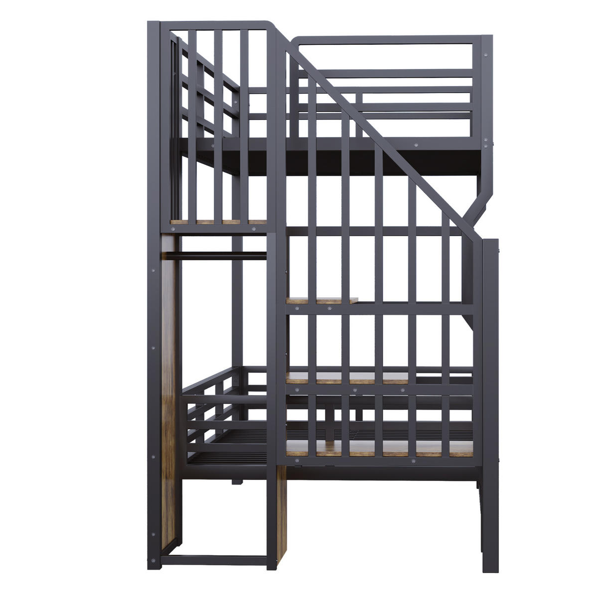 HOCHBETT 90/200 cm aus Metall und MDF mit LED-Beleuchtung, Stauraumtreppe und Sicherheitsgitter, Schwarz - Schwarz, Metall (90/200cm) - Redom