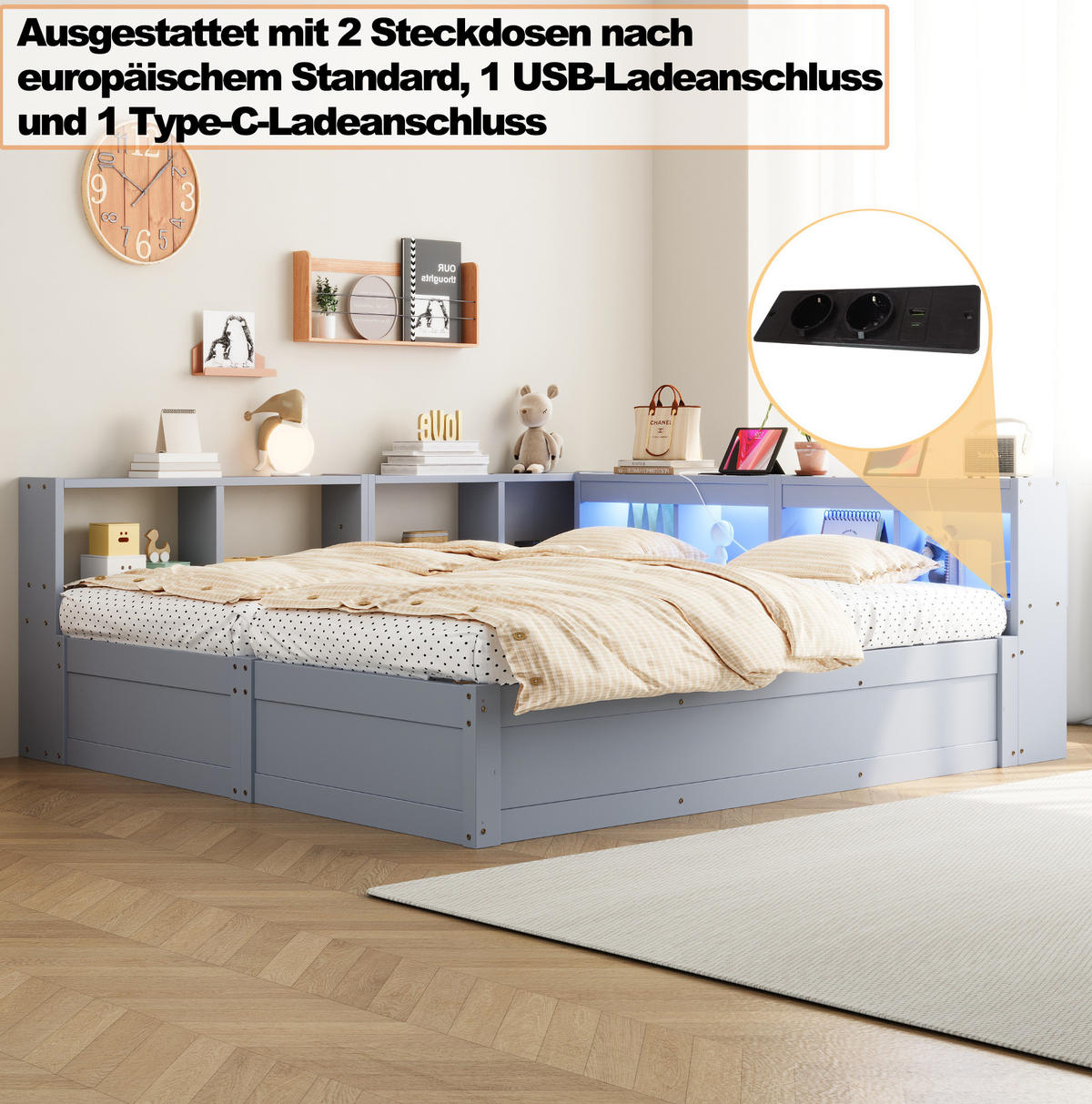 MULTIFUNKČNÍ postel 90/180 x 200 cm s LED osvětlením, zásuvkami, hydraulickým úložným prostorem a MDF konstrukcí, Šedá - šedá, kompozitní dřevo (90/200cm) - Redom