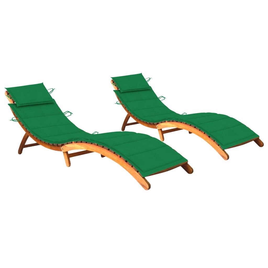 SONNENLIEGEN 2 Stk. mit Auflagen Massivholz Akazie - Grün, Holz (55/64/184cm) - furnicato