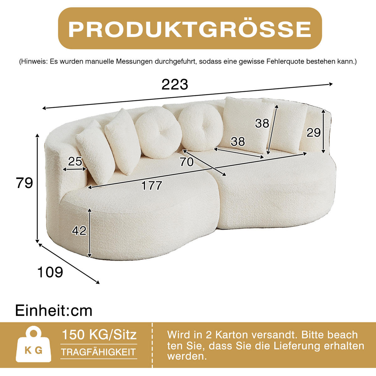 3-SITZER SOFA Geschwungenes Modulares Chenille Cashew - Beige, Textil (223/79/109cm) - Urban Meuble