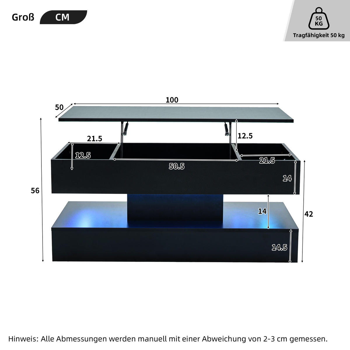 COUCHTISCH 100/50/42 cm schwarz mit LED-Beleuchtung und verstecktem Stauraum höhenverstellbar - Schwarz, Holzwerkstoff (100/50/42cm) - OKWISH