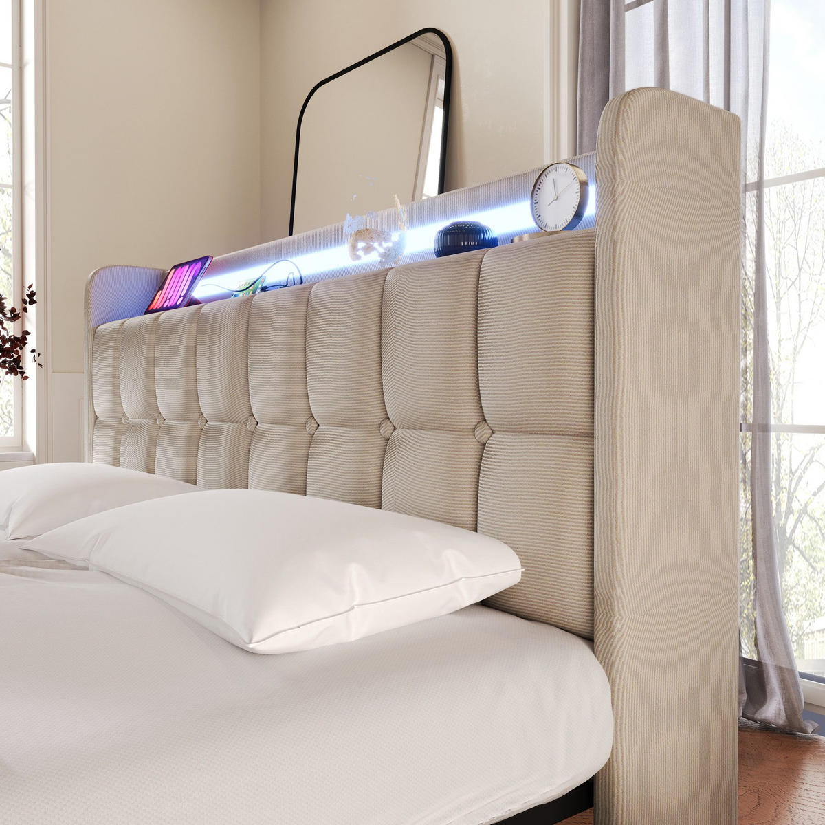 POLSTERBETT mit USB-Ladefunktion, Kopfteil und LED-Beleuchtung - Beige, Textil (90/200cm)