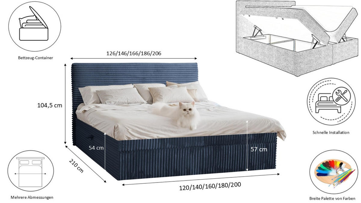 BOXBETT Bettkasten Und Topper TRENTO Ohne Bein Stoff Plüsch Cord 180x200 cm Dunkelblau H3-Bonell - Dunkelblau, Holz/Textil (180/200cm) - Kaiser Möbel