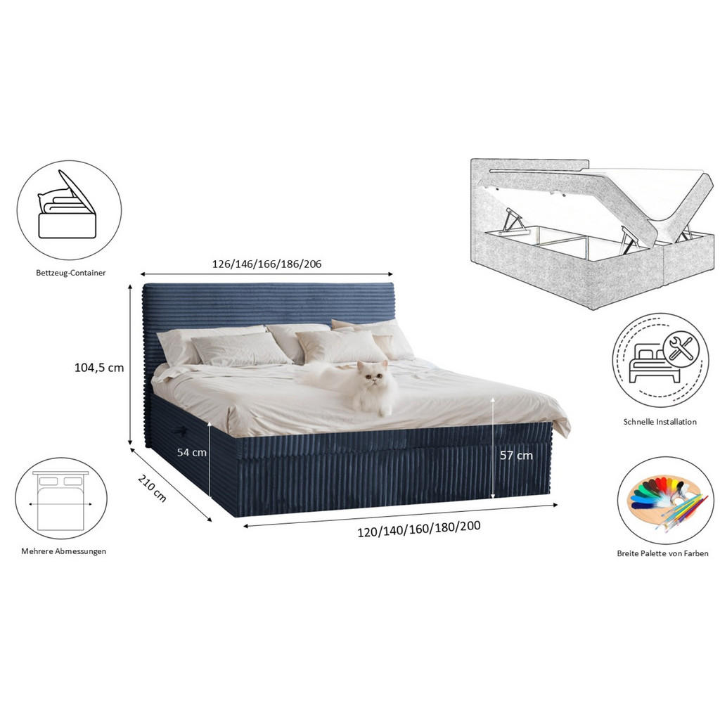 Thumbnail - Kaiser Möbel Boxbett, Dunkelblau, Textil, H3, Höhe ca. 20 cm, 200x200 cm, Schlafzimmer, Betten, Boxspringbetten