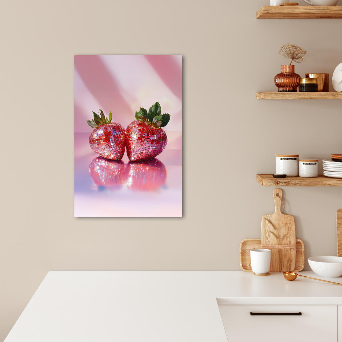 LEINWANDBILD Disco - Obst - Glitzer - Erdbeere 40x60 cm - Pink, Textil (40/60cm) - MuchoWow