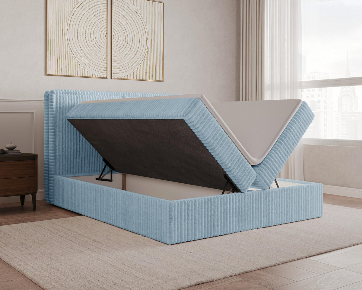 BOXBETT 04 140 x 200 cm - Ambience – Modernes Polsterbett mit Bettkasten, Topper und gepolstertem Kopfteil, Stoffbezug, Stauraumbett - Hellblau, Holz (140/200cm) - ROYAL24_MARKT