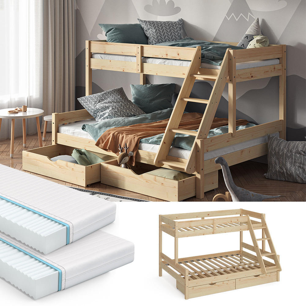 ETAGENBETT Everest Naturholz 140x200/90x200 cm mit 2 Matratzen und 2 Schubkästen - Eichefarben, Holz (140/200cm) - VitaliSpa