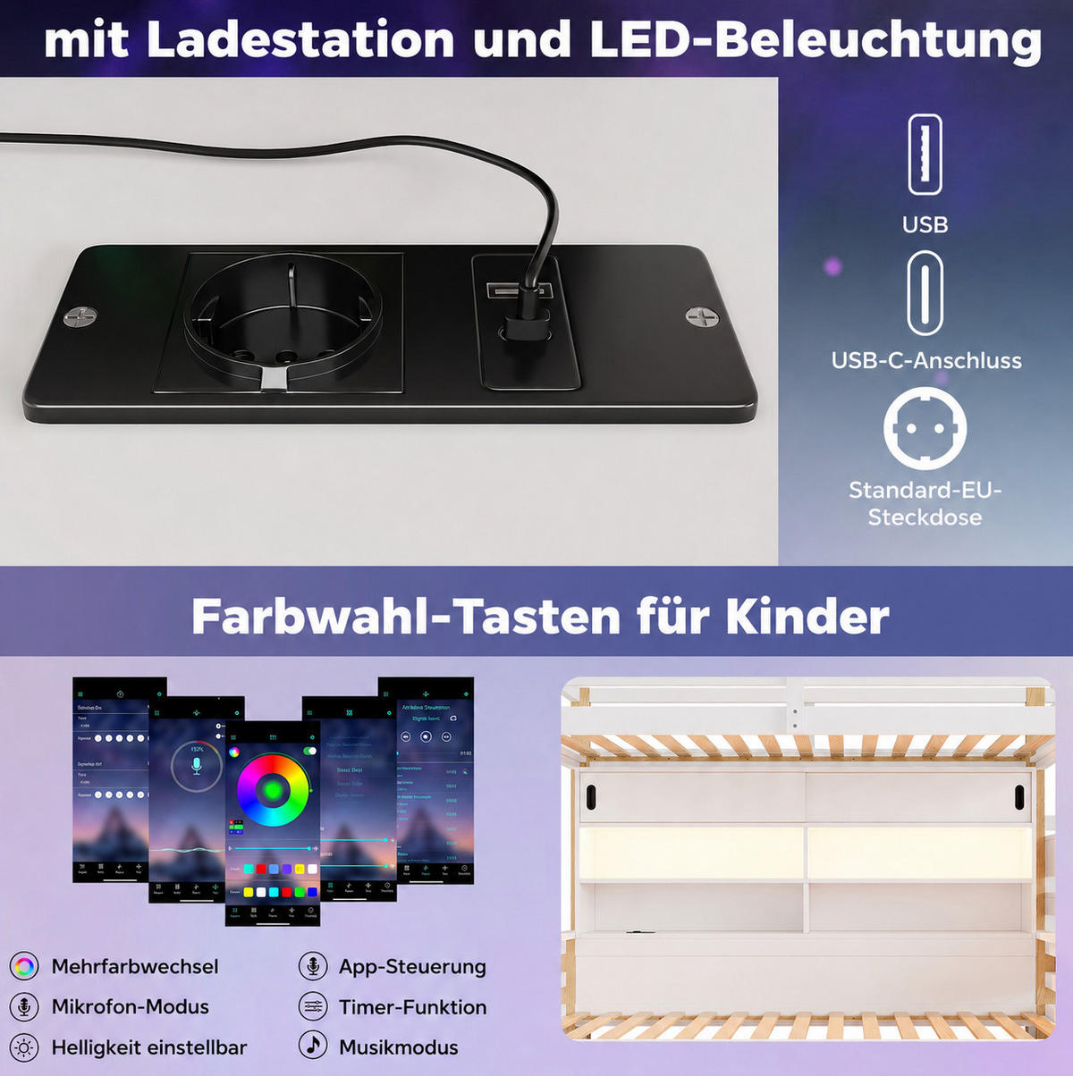 ETAGENBETT aus Kiefernholz 90x200 cm Weiß mit Stauraumtreppe, LED-Leiste und USB-Anschluss - Weiß, Holz (90/200cm) - Modfu