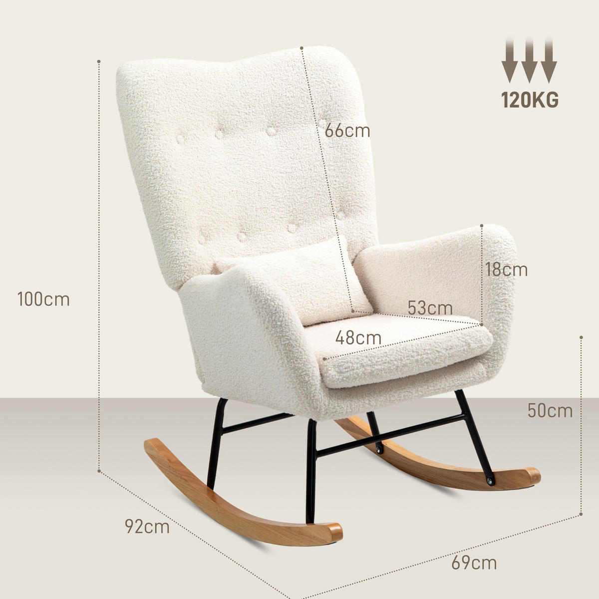 SCHAUKELSTUHL 69/92/100 cm in Cremeweiß mit Teddystoff und Holzkufen - Creme, Textil (69/100/92cm) - Flora Grace