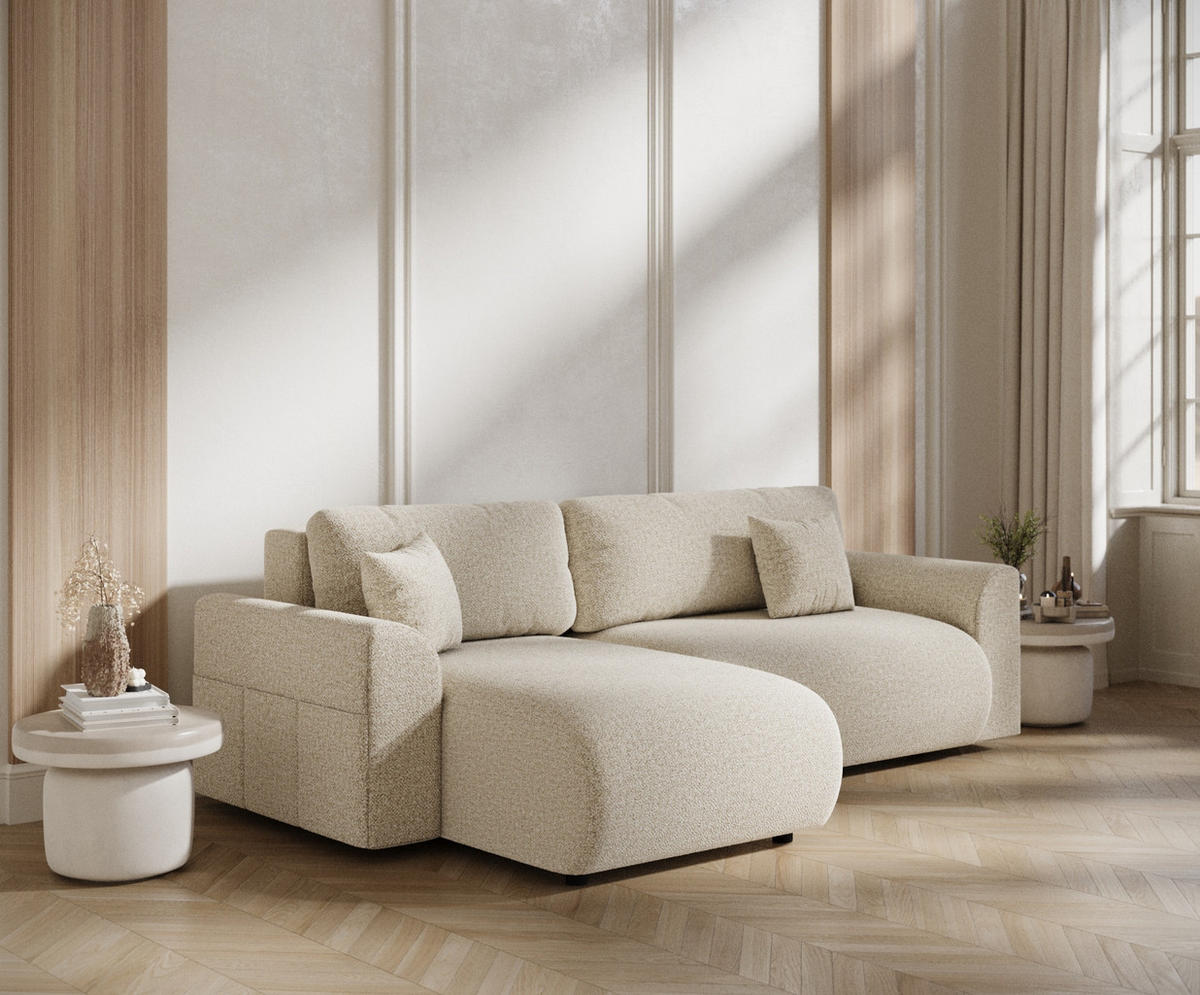 ECKSOFA MIT SCHLAFFUNKTION Bodega Beige Plüschstoff - Beige/Schwarz, Holz/Holzwerkstoff (235/138cm) - Maison de Reve