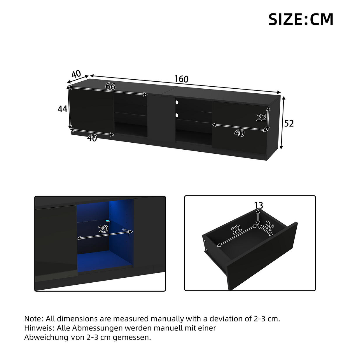 TV-LOWBOARD 160x40x52 cm Hochglanz Schwarz LED für 65" TV - Schwarz, Holzwerkstoff (40/52/160cm) - FLIEKS