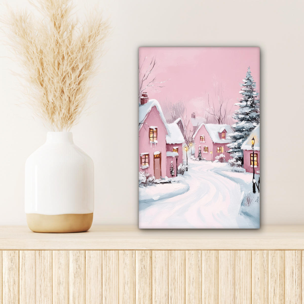 LEINWANDBILD Weihnachtsdorf - Rosa - Winter - Schnee - Häuser 20x30 cm - Altrosa, Textil (20/30cm) - MuchoWow