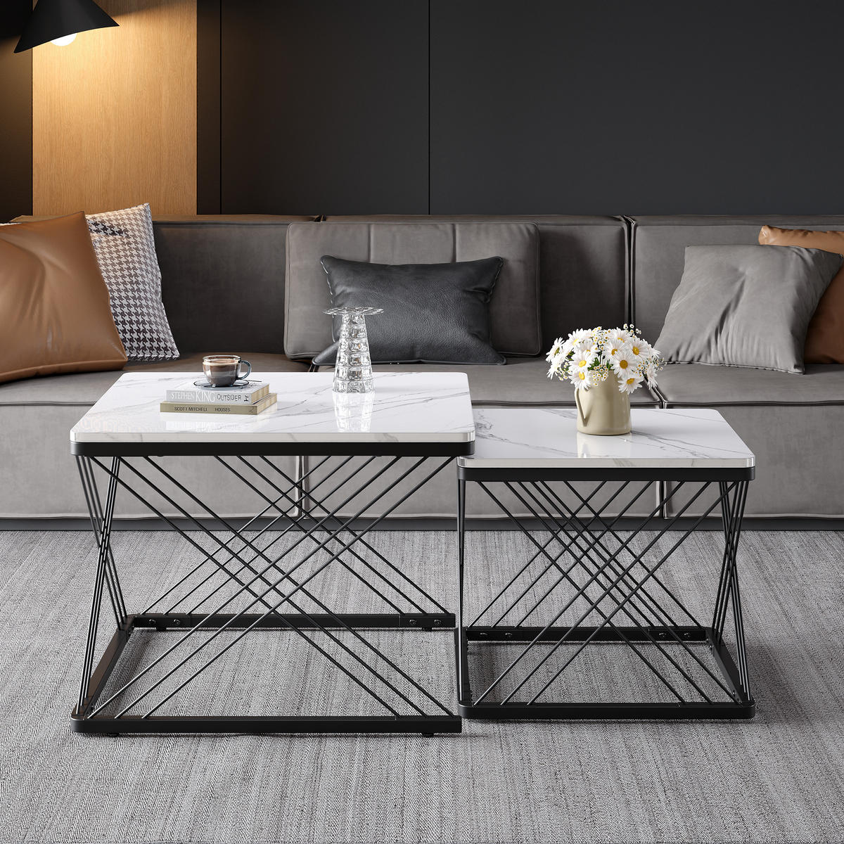 COUCHTISCH 60/60/45 cm & 45/45/40 cm hochglänzende Marmoroptik 2er-Set - Schwarz, Holzwerkstoff (60/60/45cm) - OKWISH