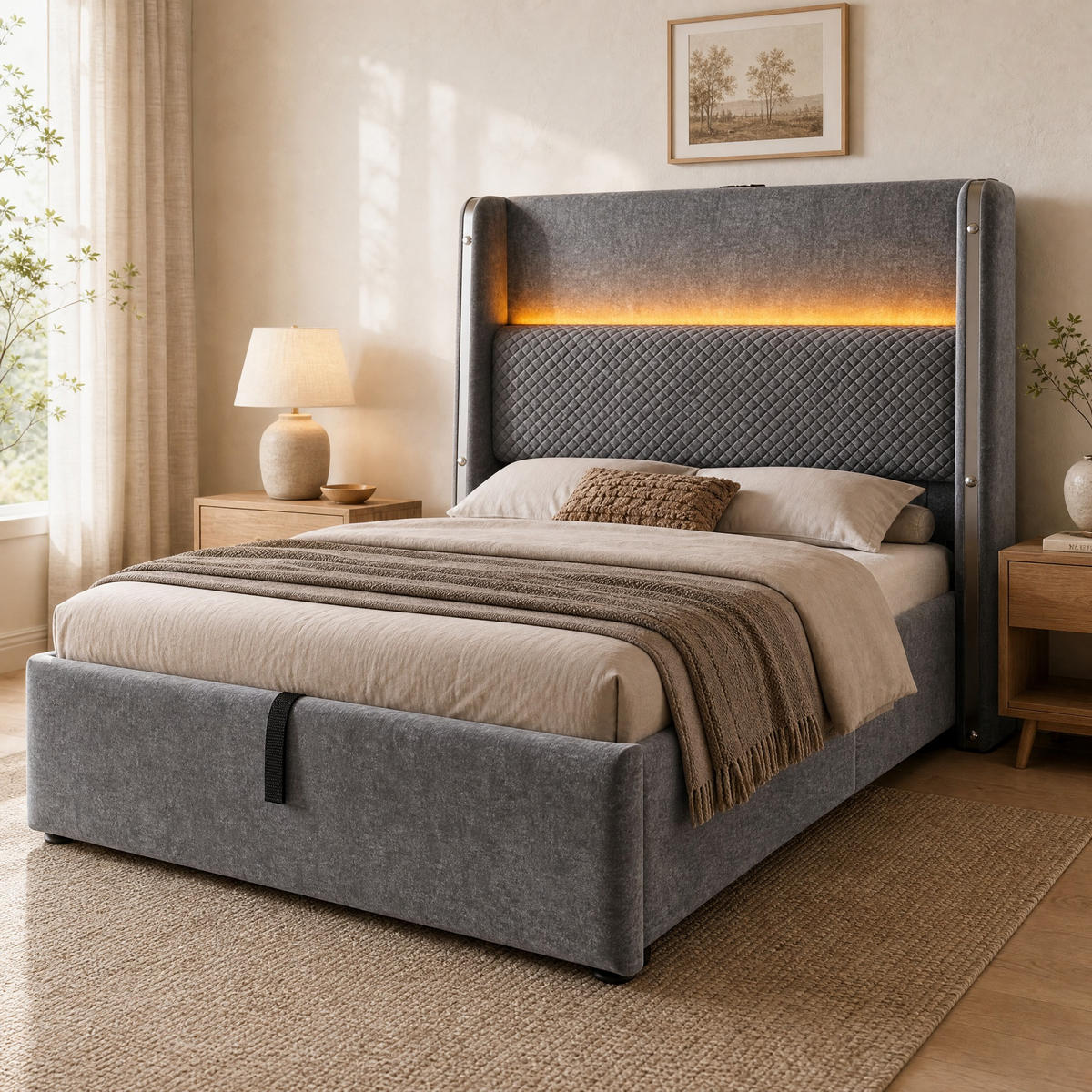 POLSTERBETT 90/200 cm in Grau Leinen mit Bettkasten, LED, USB und Type-C - Grau, Holzwerkstoff/Textil (90/200cm) - STILVORA
