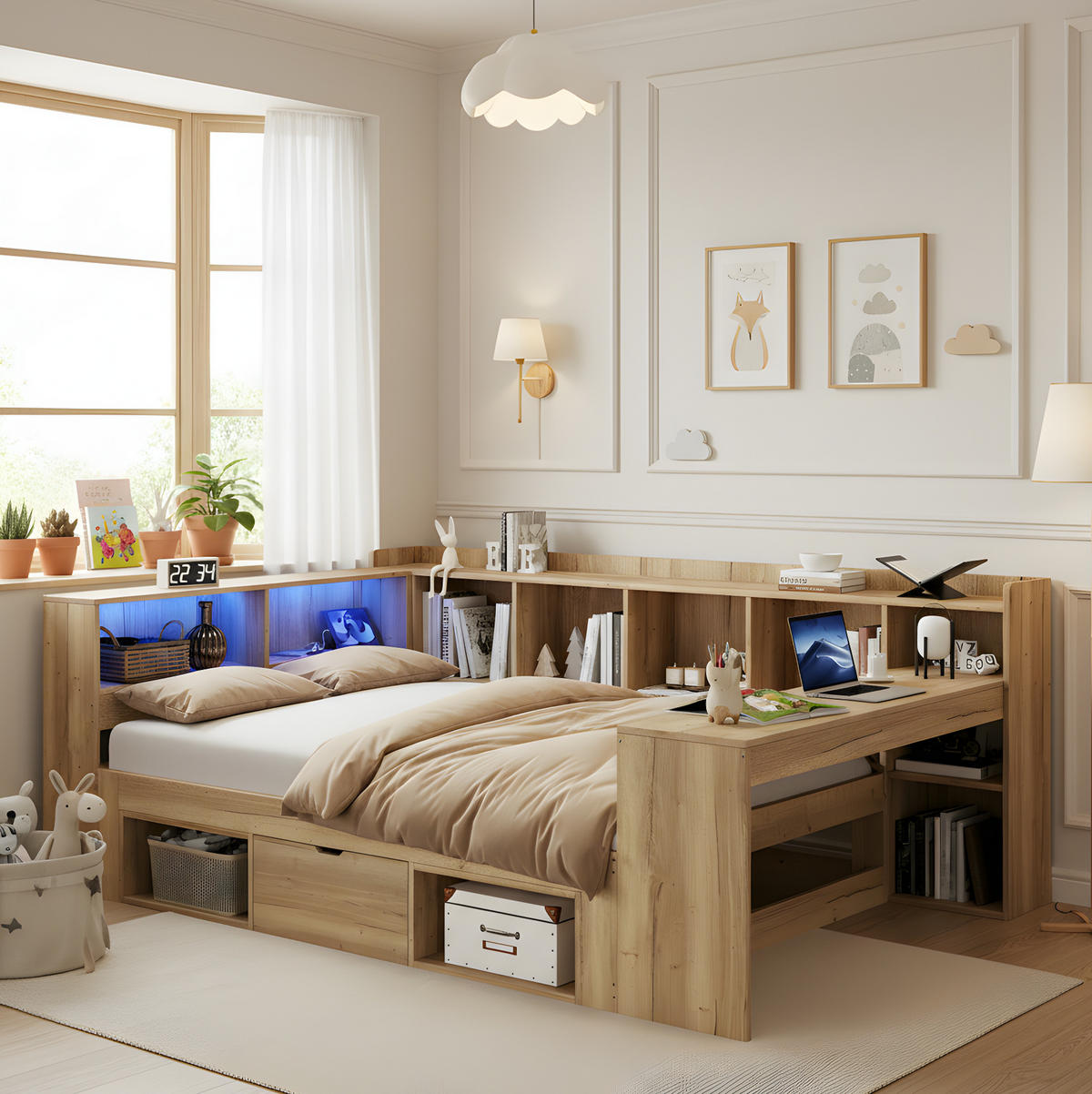 KINDERBETT Liegefläche 140/200 cm aus MDF mit LED, USB-Anschluss und Schreibtisch - Naturfarben, Holzwerkstoff (140/200cm) - BEAOK