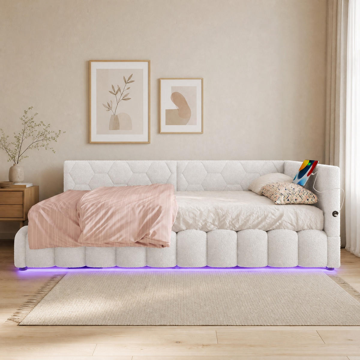 POLSTERBETT 90/200 mit hydraulischem Stauraum, LED-Lichtleiste, USB und Typ-C in Weiß - Weiß, Holzwerkstoff/Textil (90/200cm) - EVRYAE
