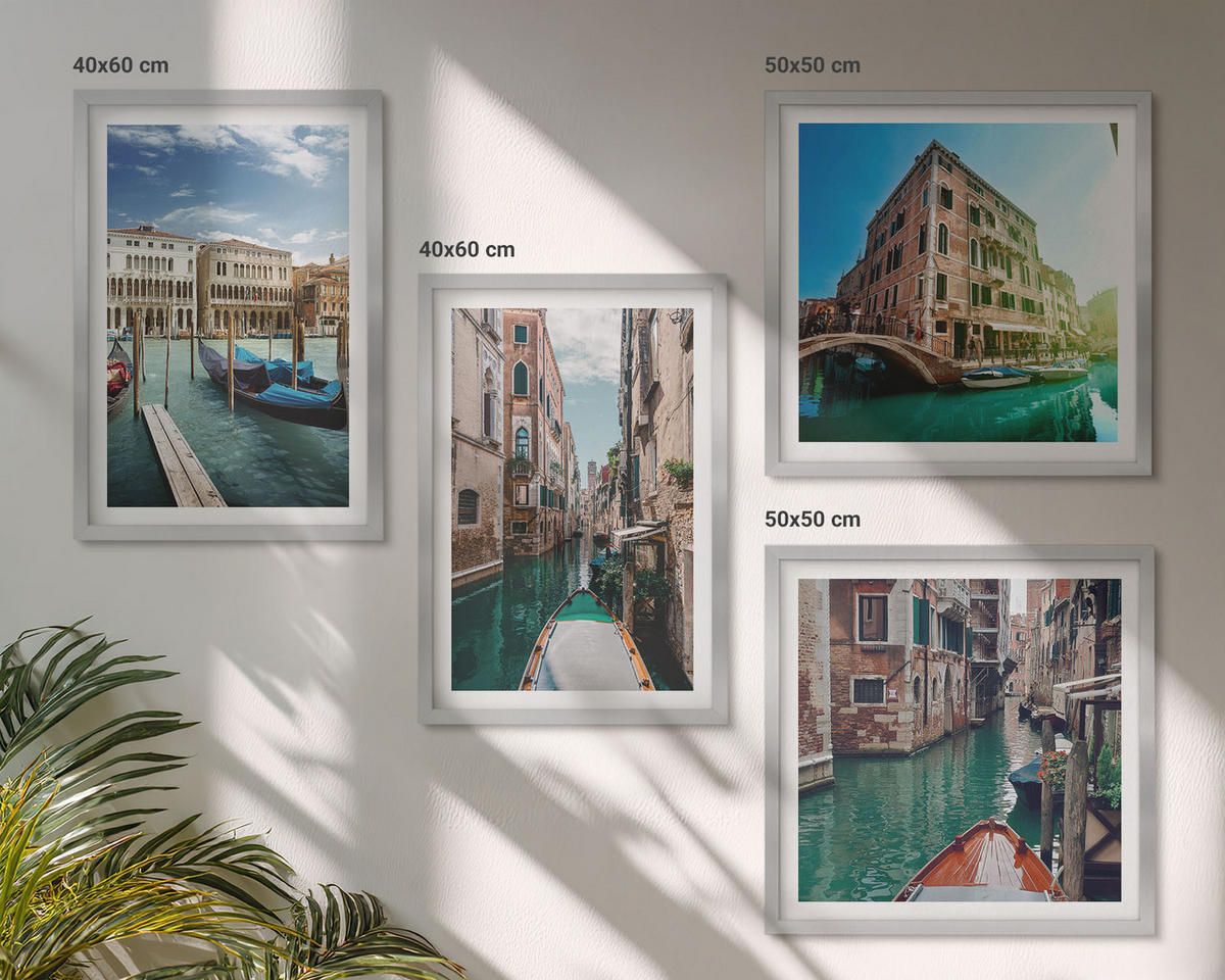 WANDBILDER 4er Set - 50x50 cm & 40x60 cm Silberner Rahmen - Architektur der Kanäle von Venedig - Silberfarben, Kunststoff (50/50cm) - ArtPrintCave