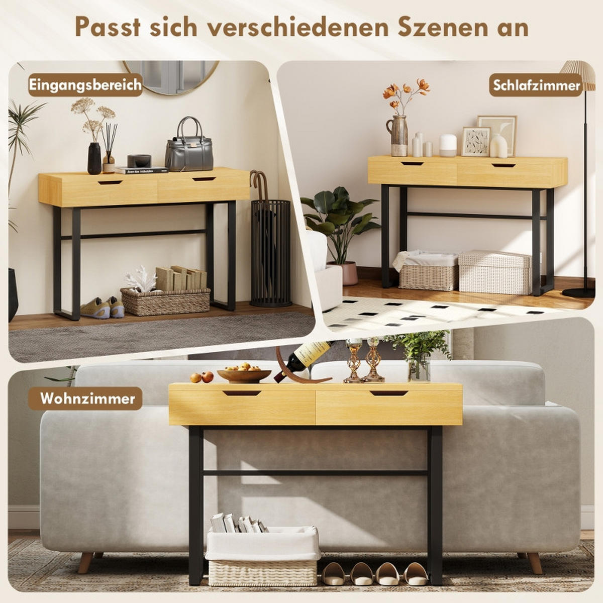 KONSOLENTISCH 110/35/76,5 cm natur aus Holz und Metall mit 2 Schubladen - Naturfarben, Holz (110/35/76.5cm) - OKWISH