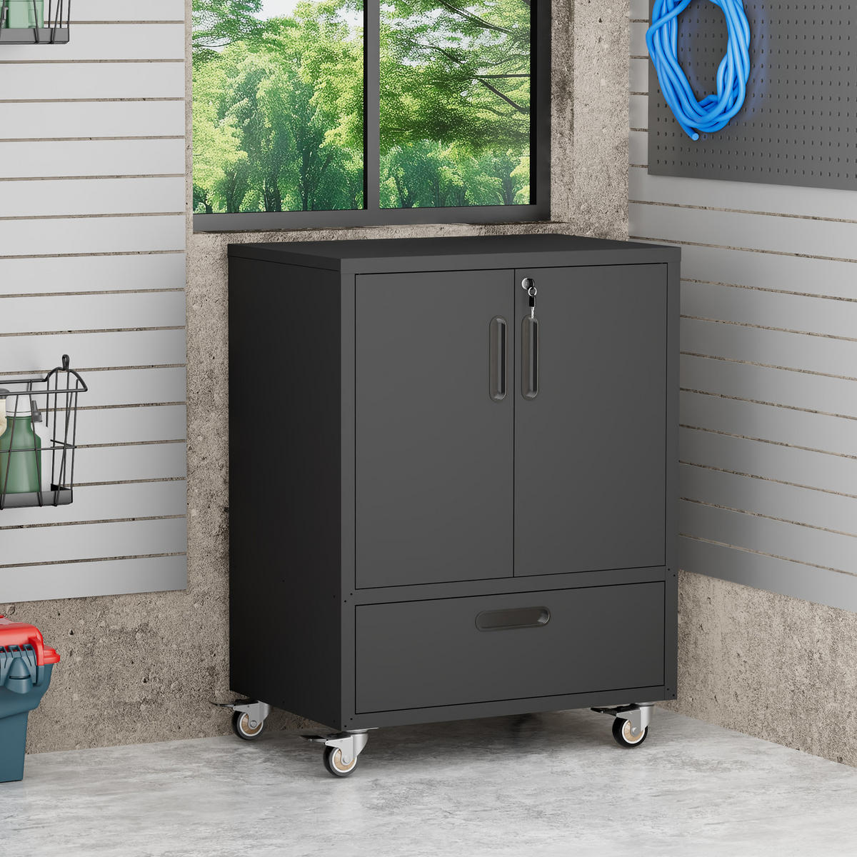 WERKZEUGSCHRANK Metall mit Rollen 101,5x76x51 cm – Heavy Duty, großer Stauraum, Werkstattwagen für Garage, Büro & Haushalt, Schwarz/Grau - Schwarz, Metall (76/51/101.5cm) - Ej. Life