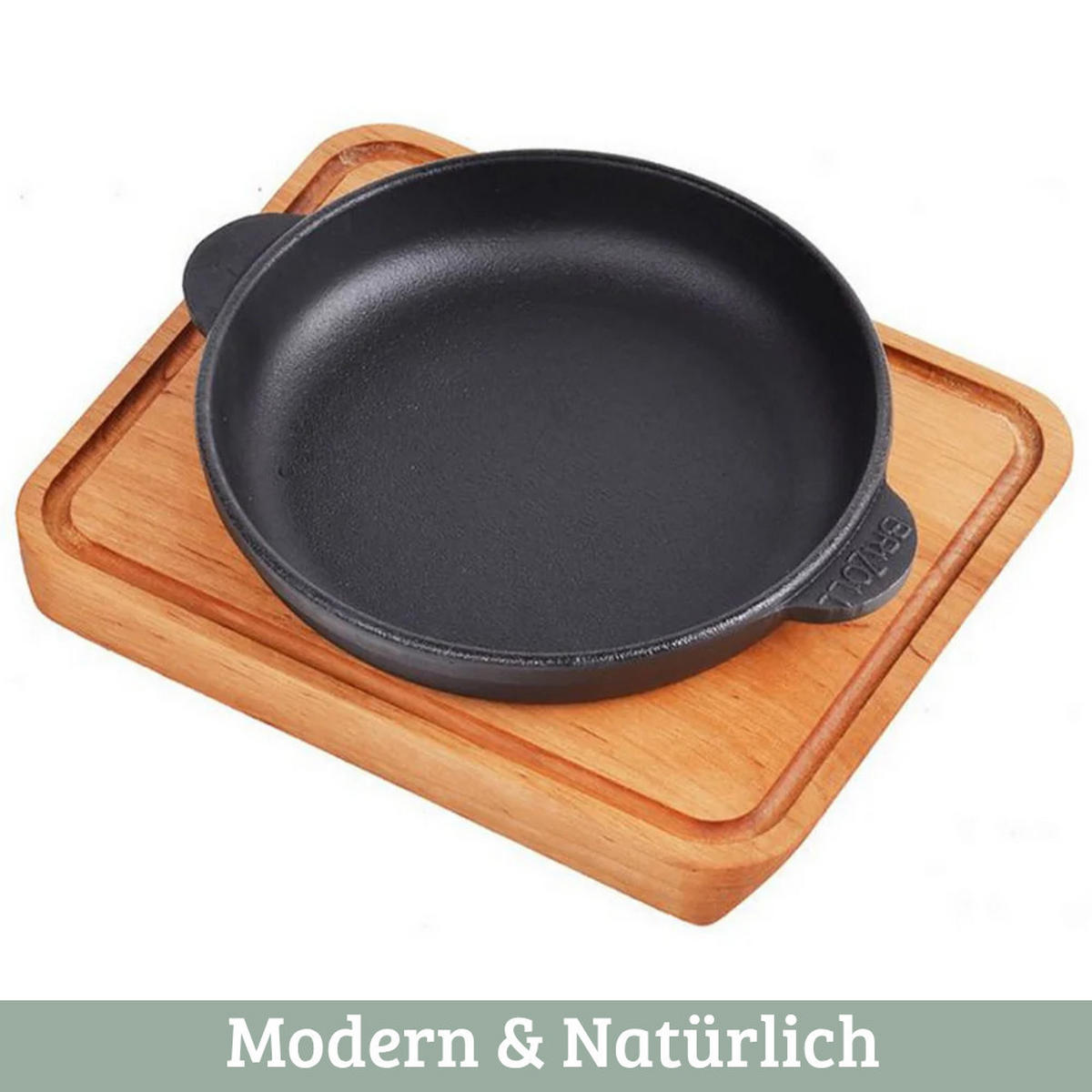 SERVIERPFANNE Gusseisen MODI mit Holzuntersetzer 14 cm ⌀ - Schwarz, Metall (14/14/2.5cm) - DELUKE
