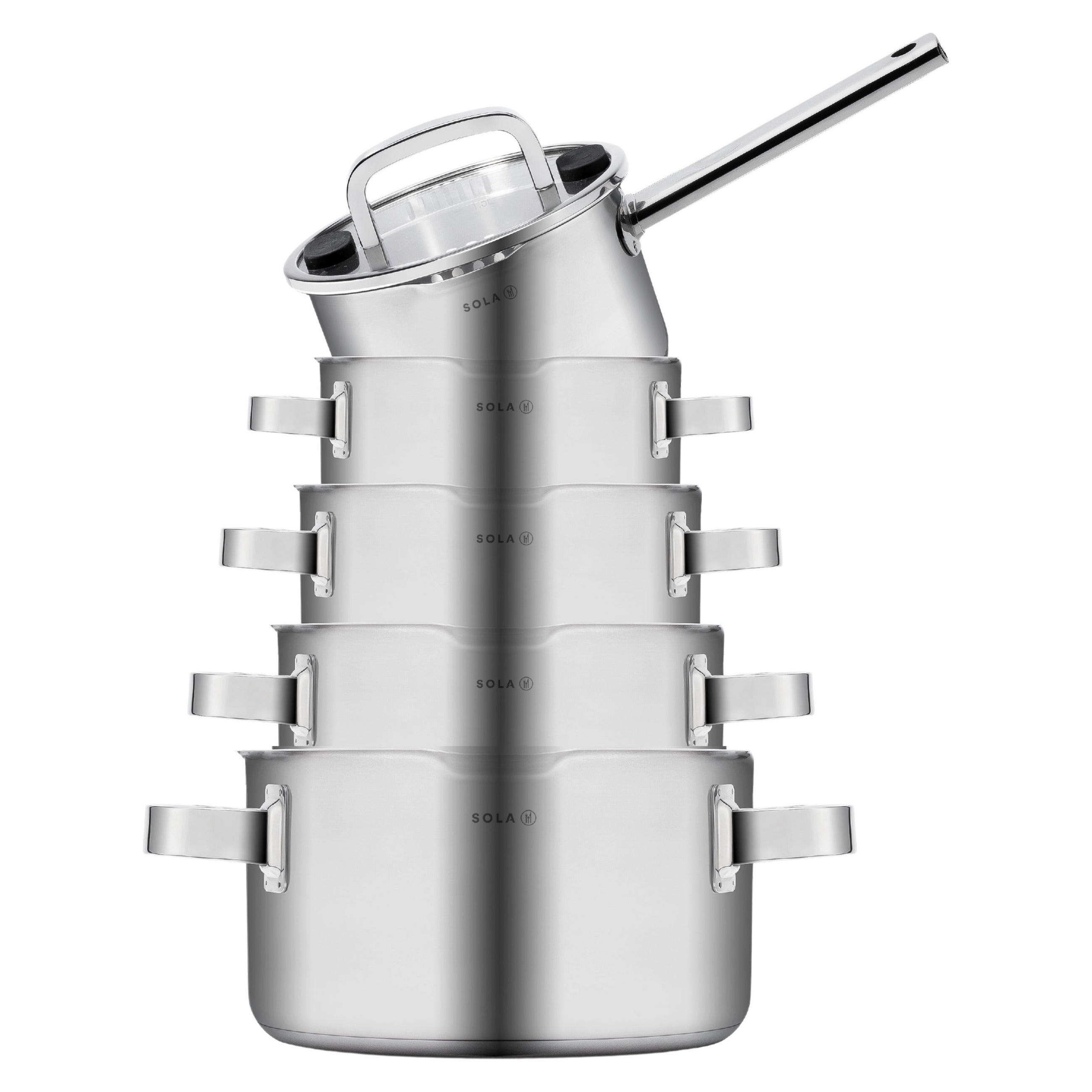 TOPFSET Juvia 5-teilig – Edelstahl – downdraft-geeignet – Kochtöpfe Ø 16, 18, 20, 24 cm & Stieltopf Ø 16 cm – geeignet für alle Herdarten - Silberfarben, Metall - Sola
