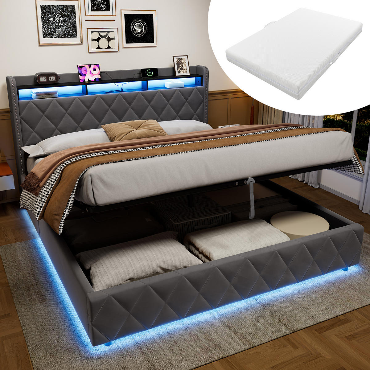 POLSTERBETT 180×200 mit LED-Beleuchtung, Bettkasten und Matratze - Grau, Holzwerkstoff/Textil (180/200cm) - EVRYAE