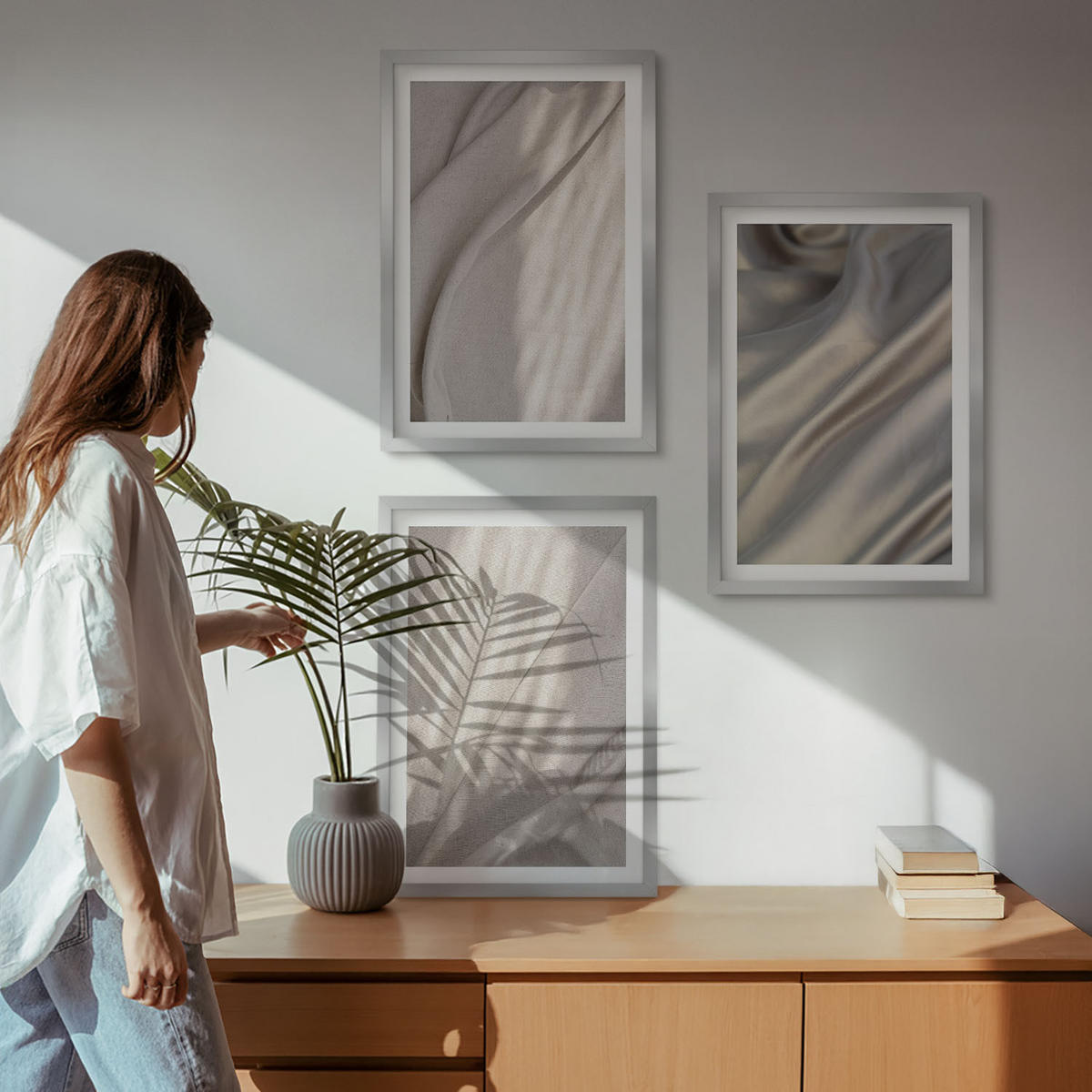 WANDBILDER 3er Set - 40x60 cm Silberner Rahmen - Nahaufnahme von natürlichen Boho-Stoffen - Silberfarben, Kunststoff (40/60cm) - ArtPrintCave