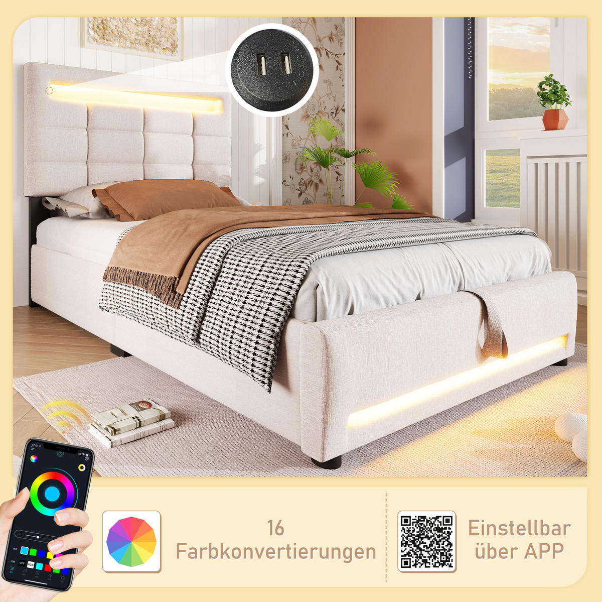 POLSTERBETT 90/200 cm Beige aus Leinen mit Bettkasten und LED-Beleuchtung - Beige, Textil (90/200cm) - OKMYHOME