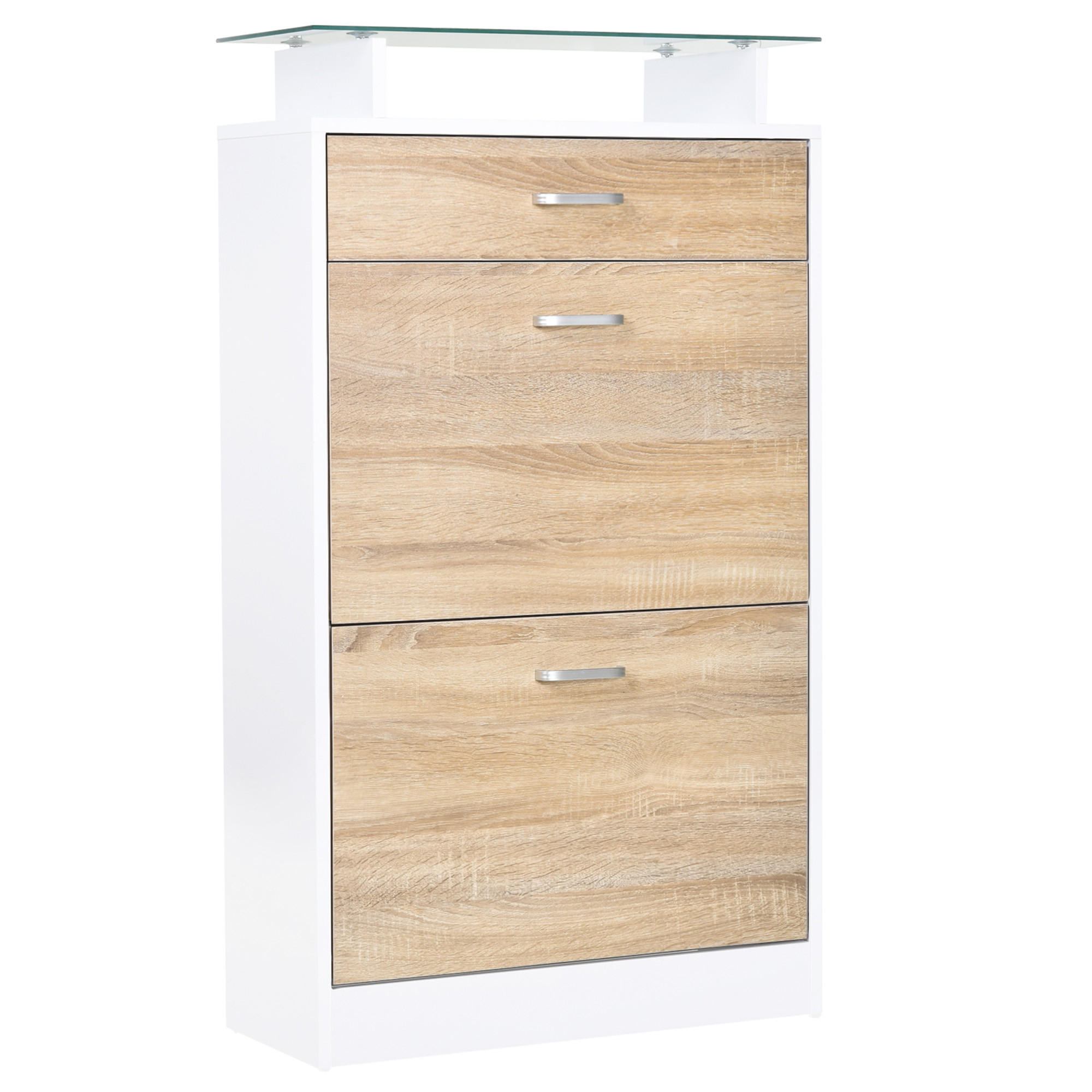 SCHUHSCHRANK DE-14965 2 Klapptüren & Schublade mit Glasablage Eiche - Weiß, Holzwerkstoff (60/105/24cm) - ComfortXL