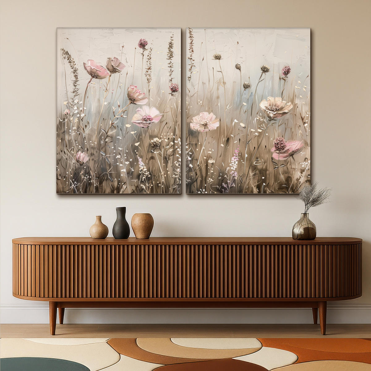 LEINWANDBILD 2er Set Blumen - Beige - Modern - Rosa 180x120 cm - Ecru, Textil (180/120cm) - MuchoWow