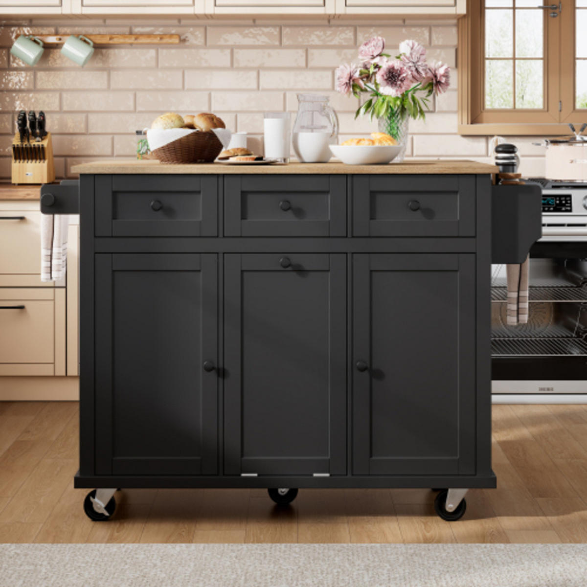 KÜCHENINSEL mit ausziehbarer klappbarer Arbeitsplatte schwarz-natur 112×46,2-76,2×92,7 cm aus MDF - Schwarz, Holzwerkstoff (112/92.7/76.2cm) - Luhomfu