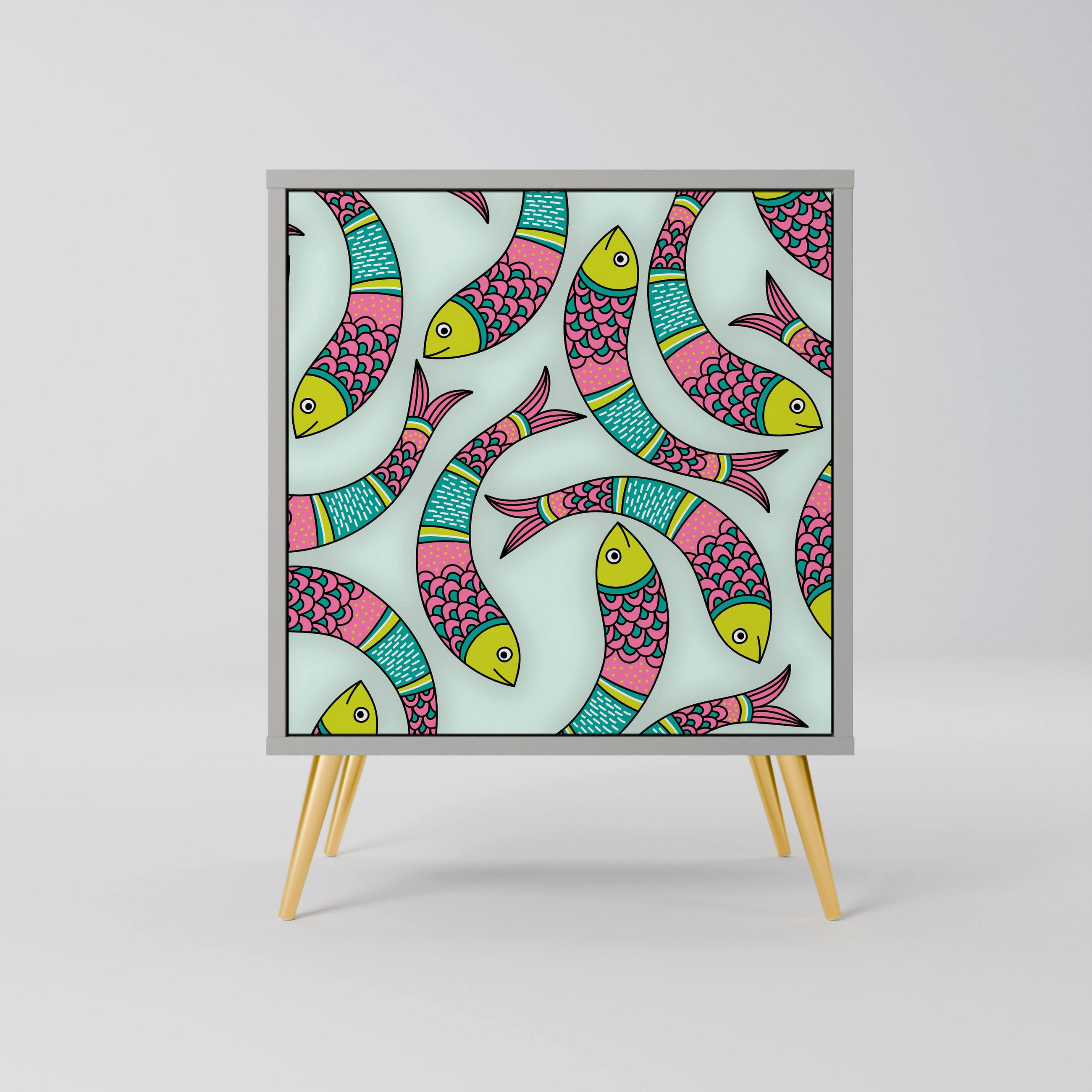 SIDEBOARD INDIAN FISH, Grau, 57,5x42x75,5 cm, Goldfarbene Metallfüße - Goldfarben/Multicolor, Holzwerkstoff/Metall (57.5/75.5/42cm) - SpaceRebels