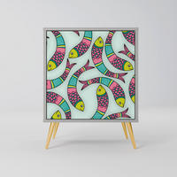 SIDEBOARD INDIAN FISH, Grau, 57,5x42x75,5 cm, Goldfarbene Metallfüße - Goldfarben/Multicolor, Holzwerkstoff/Metall (57.5/75.5/42cm) - SpaceRebels