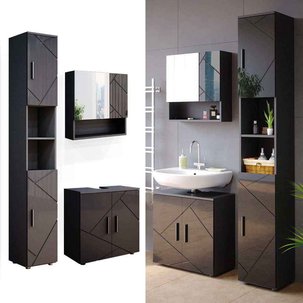 BADMÖBEL-SET Irma Anthrazit Hochglanz 3 Teile, mit Hochschrank - Anthrazit, Holzwerkstoff (80/58.6/41cm) - Vicco