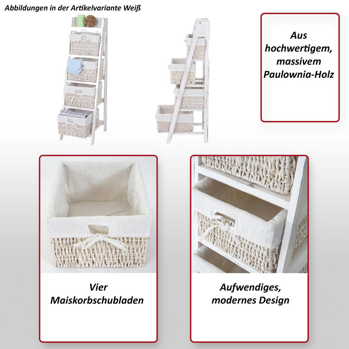 LEITERREGAL FRANCA SHABBY-LOOK 4 KÖRBE Reinweiß - Weiß, Holz (30/101/35cm) - MCW