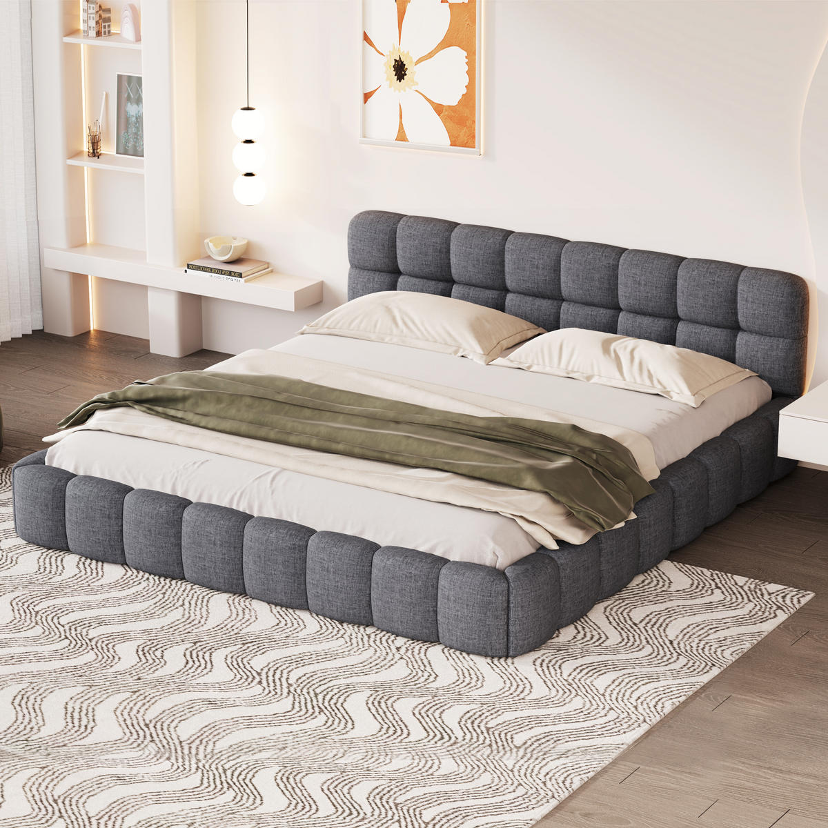 PLATTFORMBETT 140x190cm mit umlaufender Polsterung & Leinenstoff - Grau, Holz - SHOPENTRA