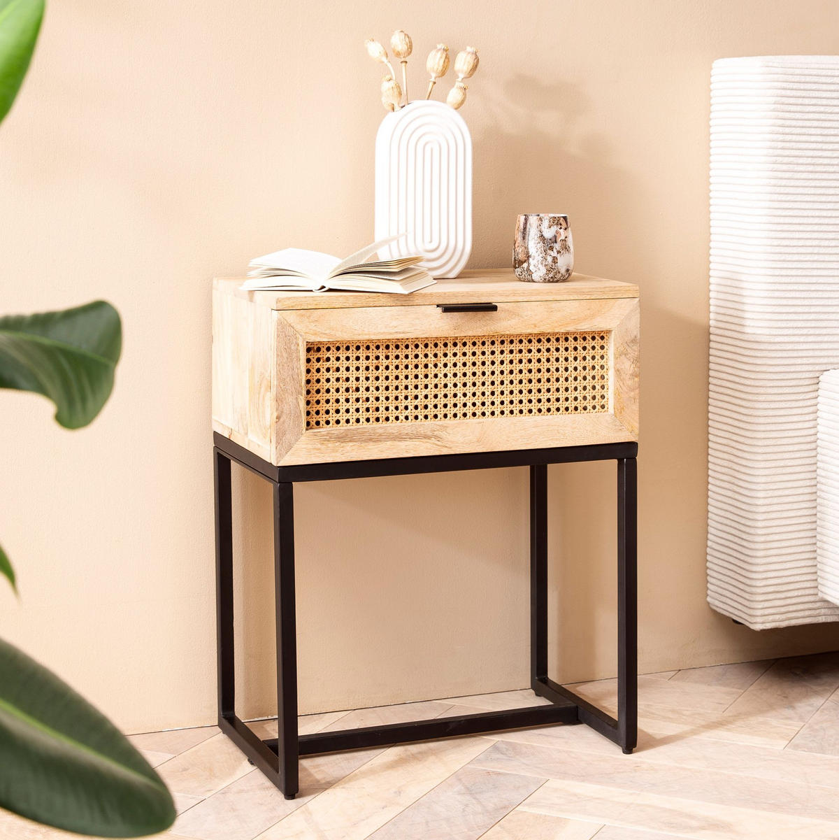 NACHTTISCH – Mango Massivholz/Rattan, 50x60x30 cm, 1 Schublade, Wiener Geflecht - Schwarz/Braun, Holz/Metall (50/60/30cm) - KADIMA DESIGN